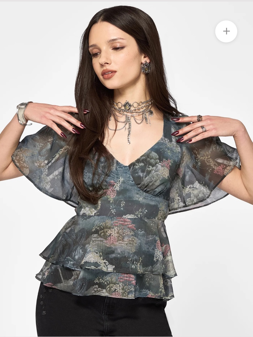 Thalassa print tie back angel sleeve top